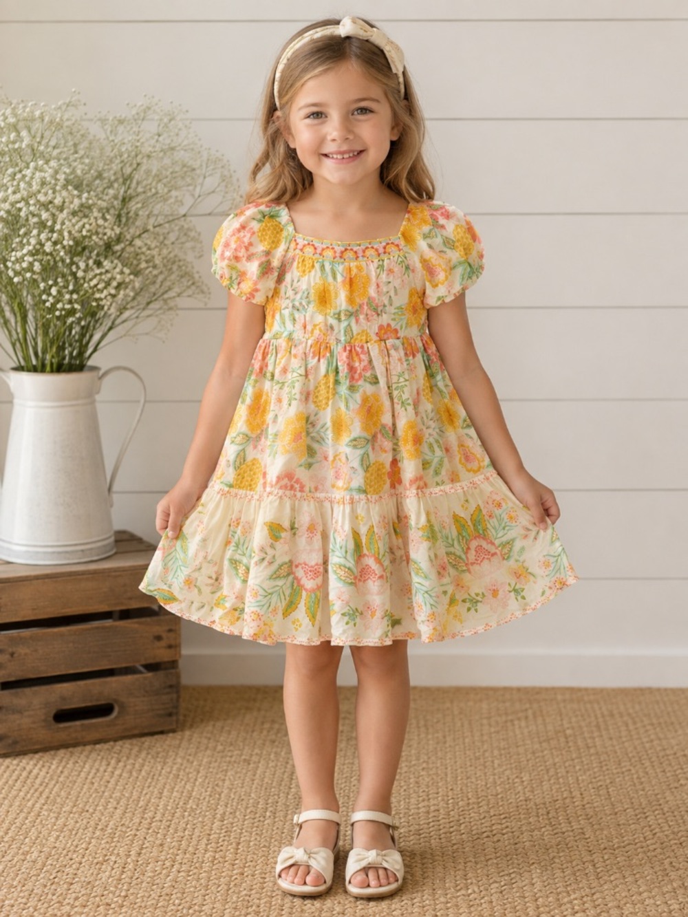 Rachel Zoe Cream Dress with Yellow & Coral Floral Print Sz  5